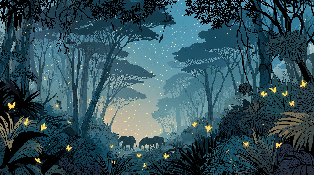 Magical Night Jungle Elephants Wall Mural
