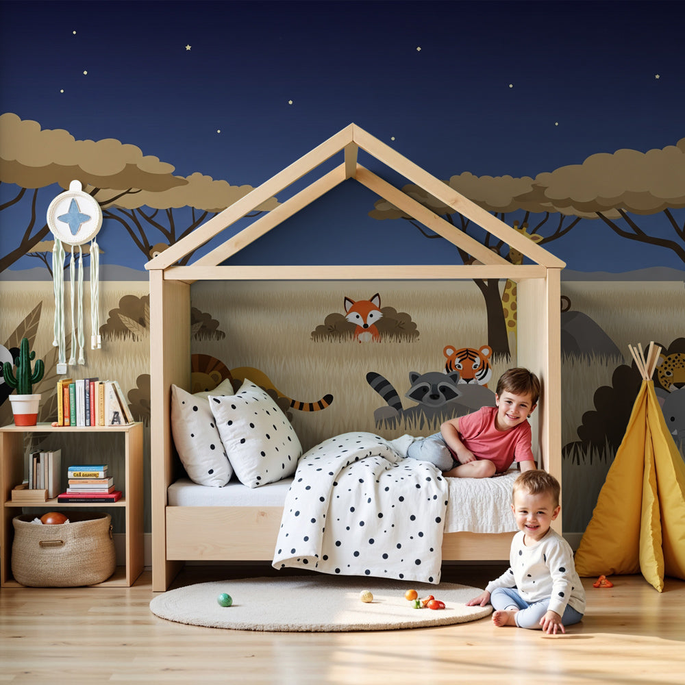 Nighttime safari mural wallpaper with friendly animals in modern nursery by Kids-Mundo