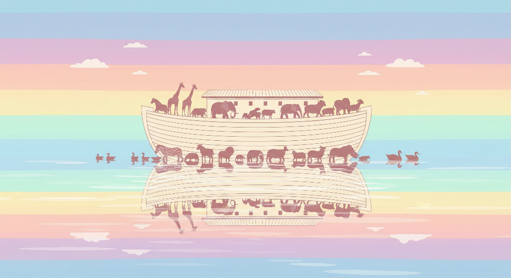 Kids-Mundo flat artwork of Noah's Ark and animals reflected on water under rainbow stripes.