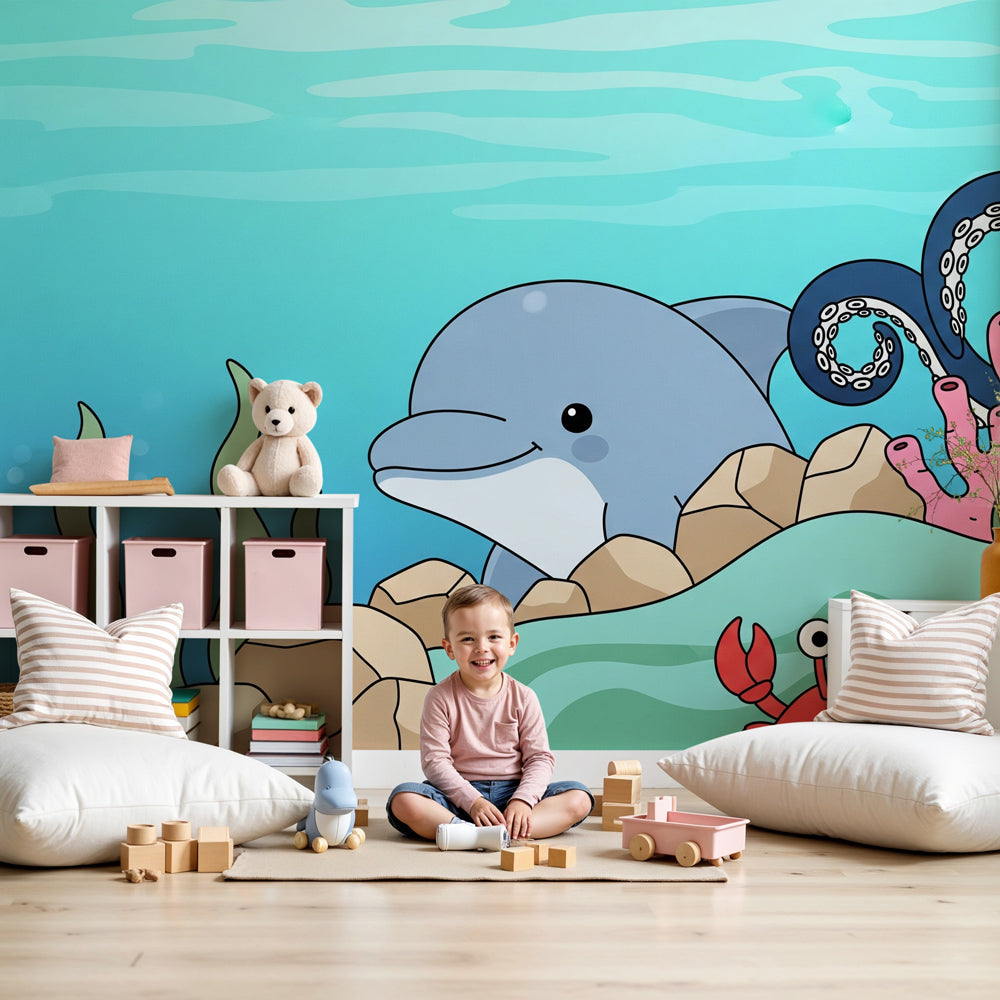 Ocean adventure mural wallpaper with marine animals in modern kids bedroom by Kids-Mundo