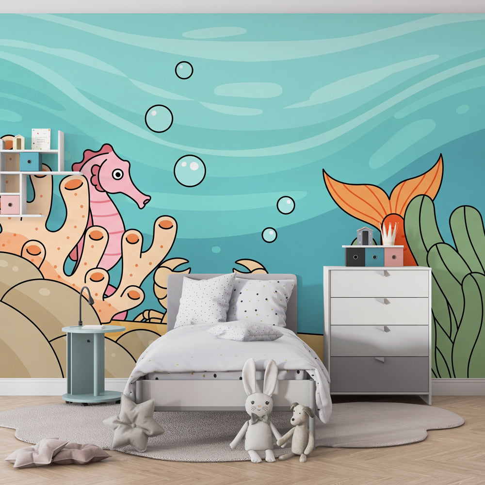 Underwater themed mural wallpaper creating magical marine bedroom decor for children