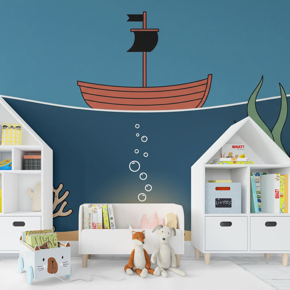 Underwater treasure hunt wallpaper creating maritime themed children's bedroom decor