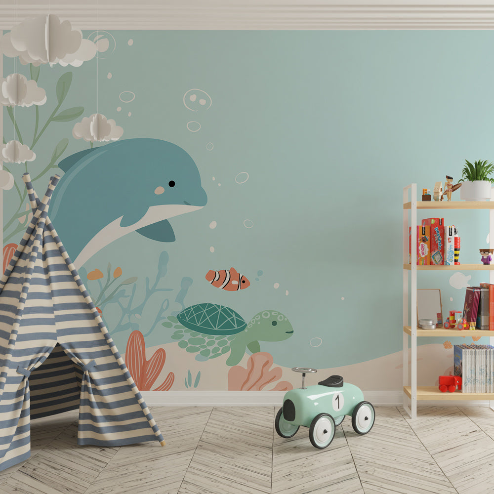 Underwater themed wallpaper creating magical kids bedroom with marine life and coral reef