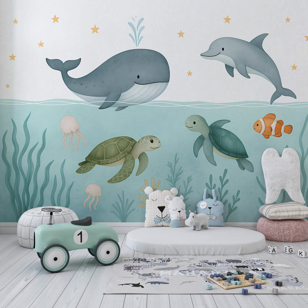 Marine life mural wallpaper creating underwater themed kids bedroom decor
