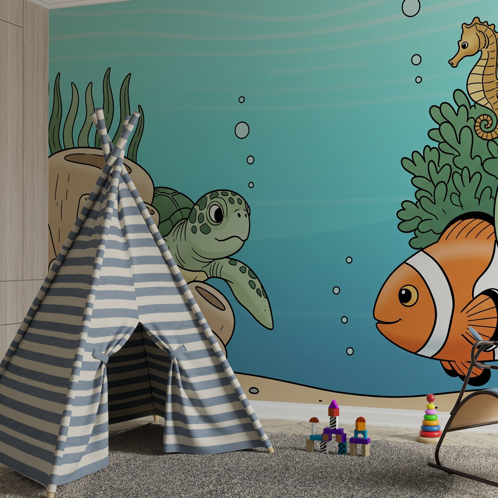 Underwater themed mural wallpaper creating magical ocean atmosphere in children's bedroom