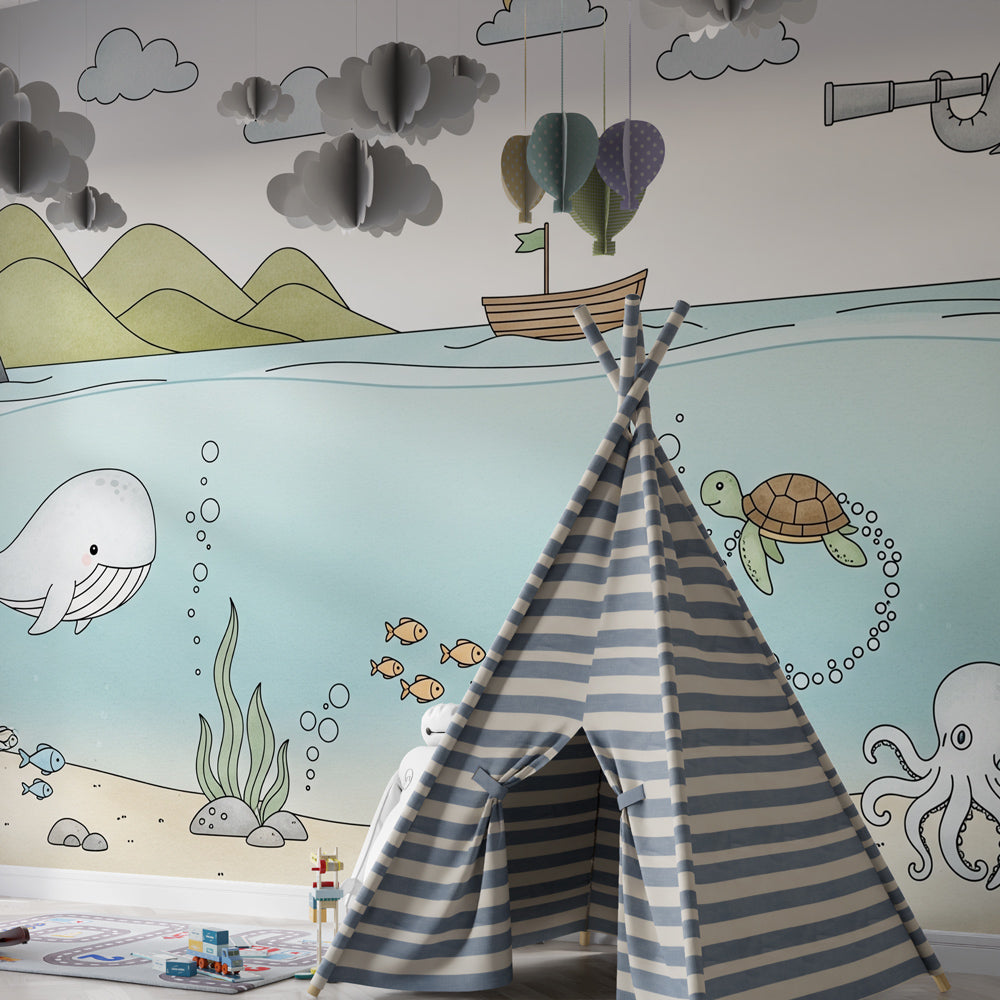 Marine animals wallpaper creating underwater theme in children's bedroom decor