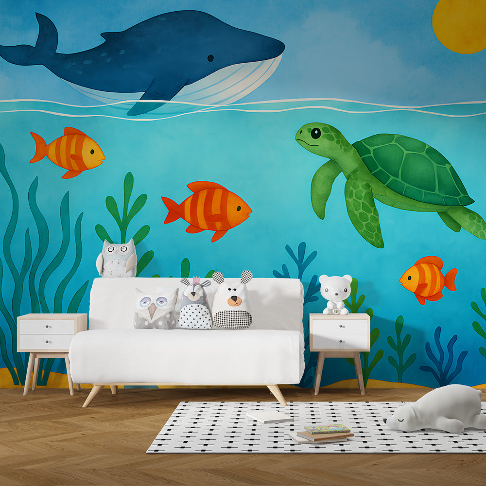 Underwater theme wallpaper creating marine sanctuary in children's bedroom decor