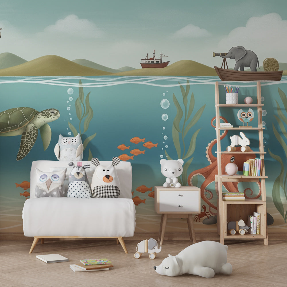 Underwater sea life mural wallpaper in modern children's bedroom with lighthouse and ocean creatures