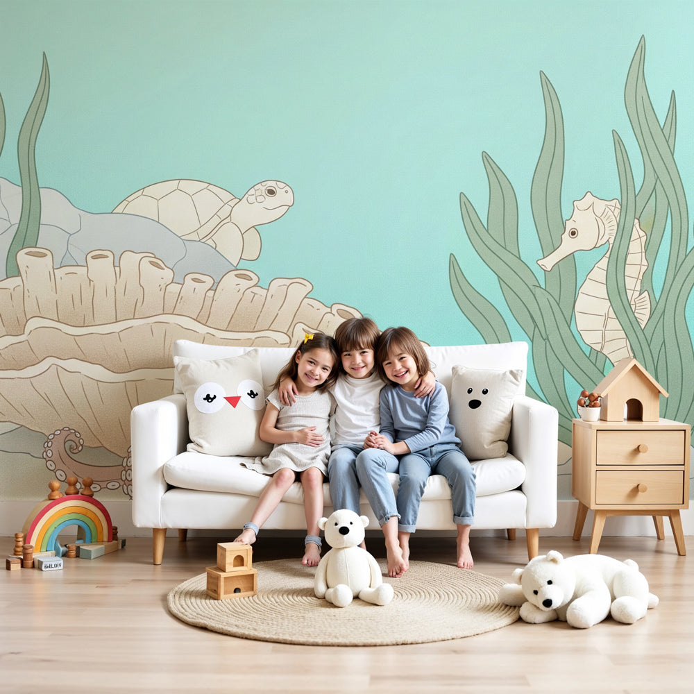 Ocean adventure mural wallpaper with turtle and octopus in modern nursery by Kids-Mundo