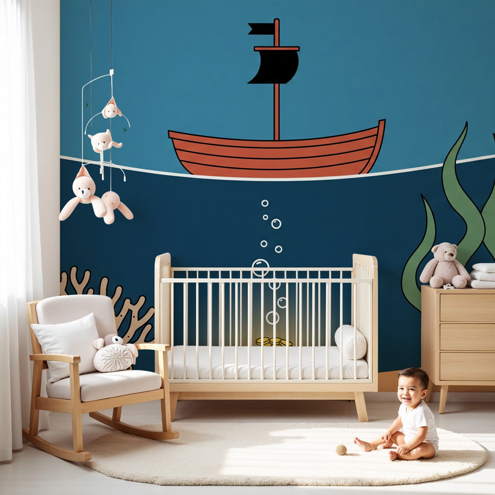 Ocean adventure mural wallpaper with treasure chest in modern kids nursery by Kids-Mundo