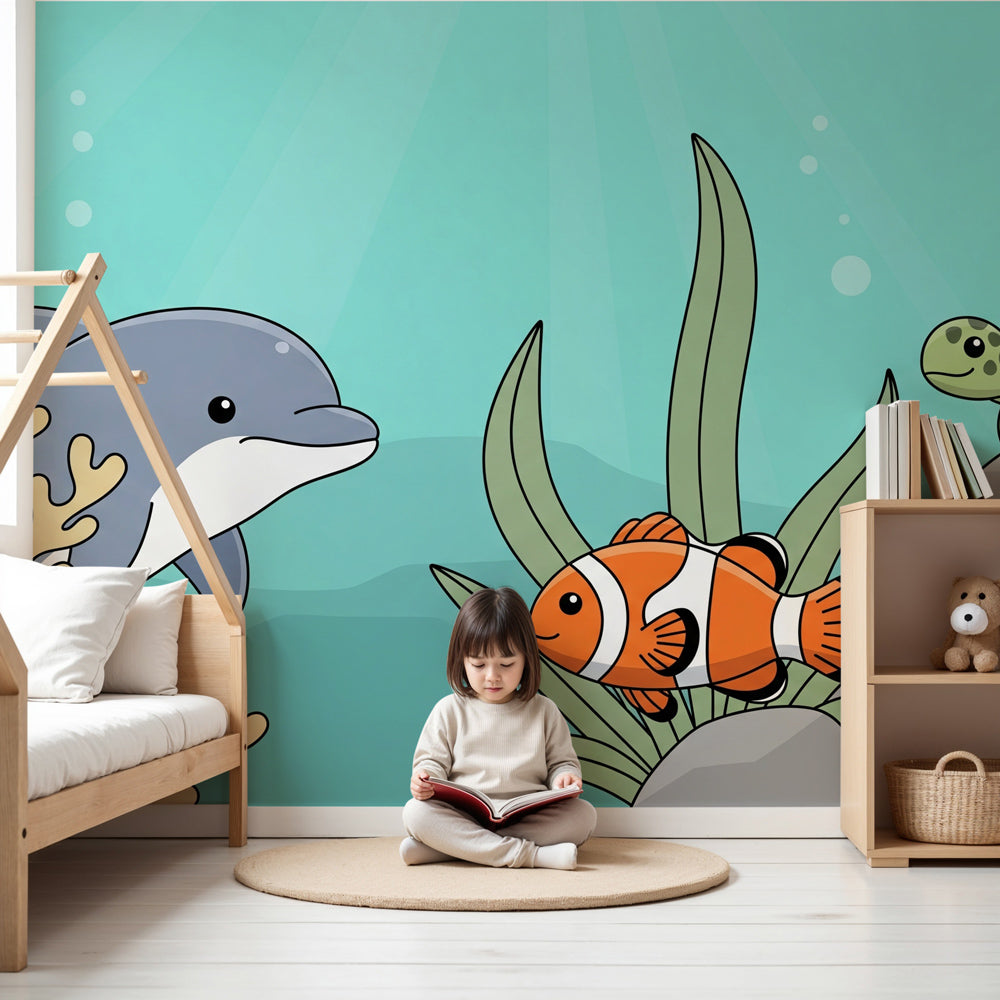 Ocean adventure mural wallpaper with dolphins and tropical fish in modern nursery by Kids-Mundo