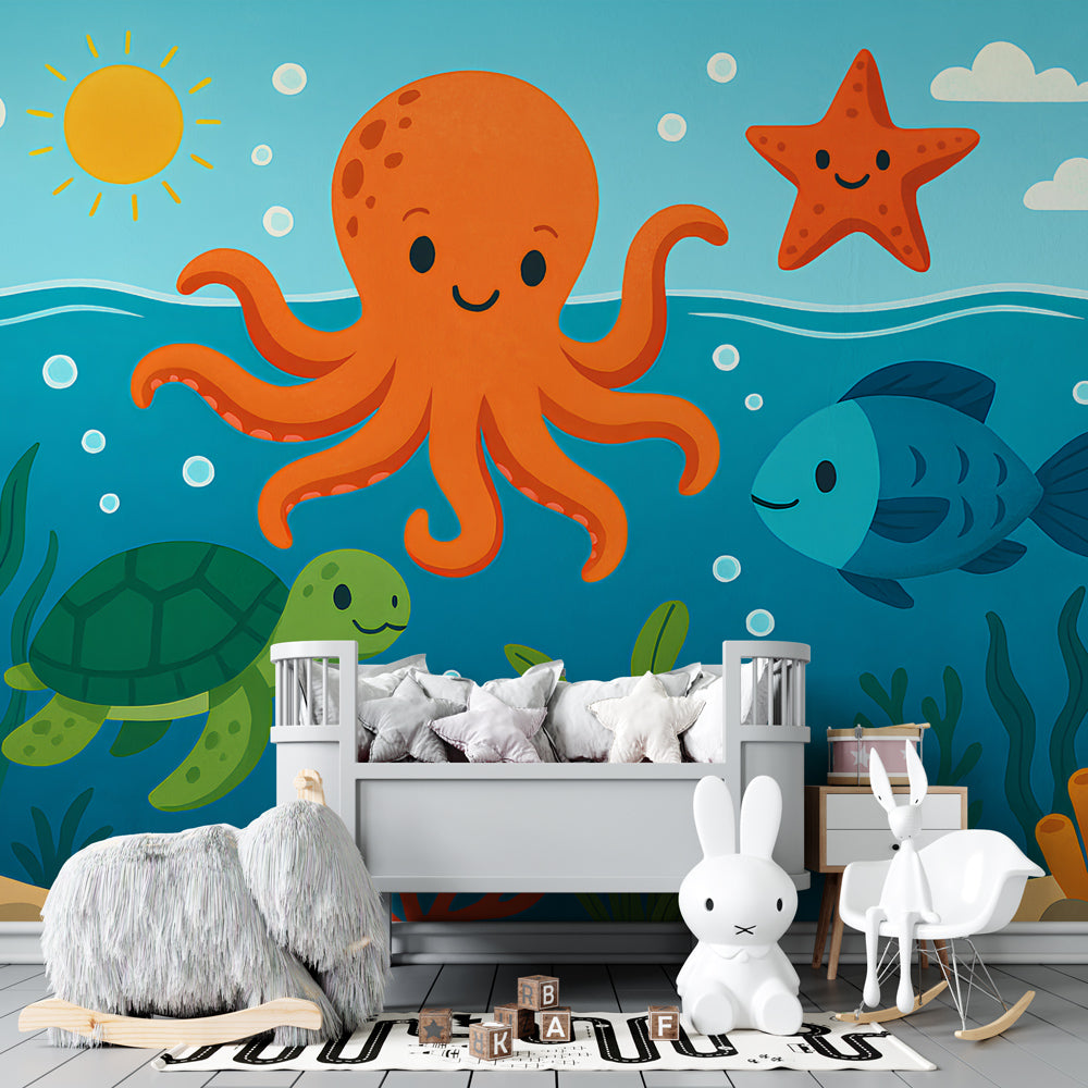 Underwater themed mural wallpaper creating cheerful kids bedroom decor with marine life