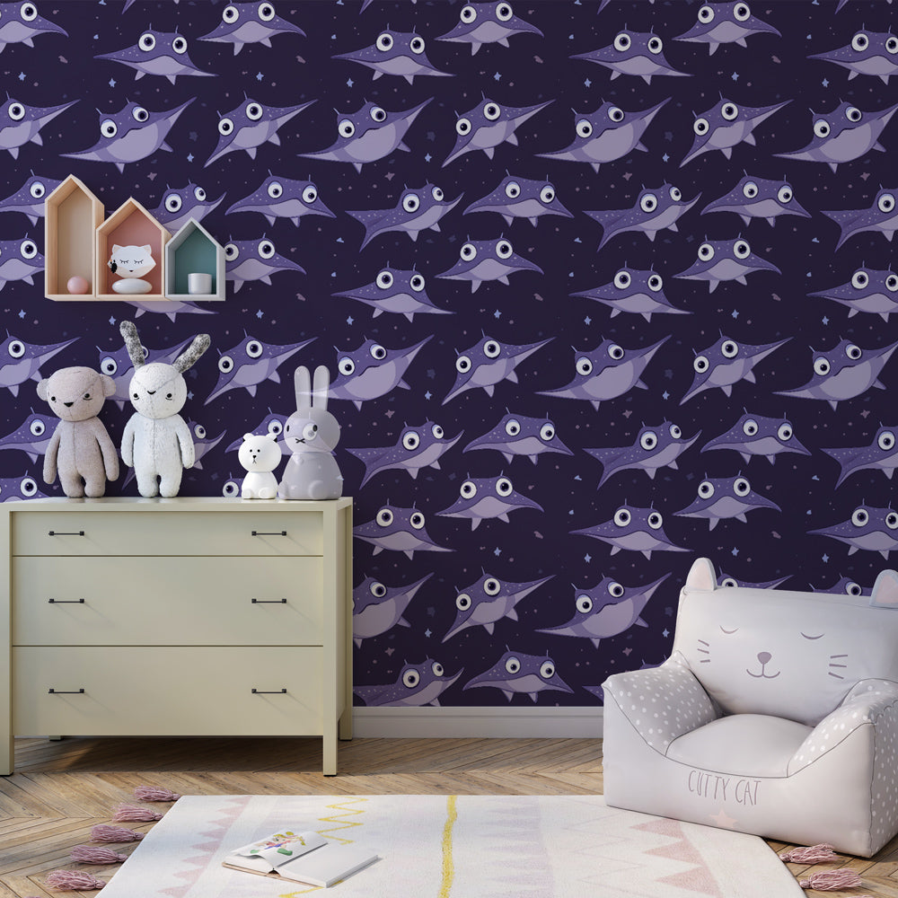 Purple and blue ocean themed mural wallpaper creating magical underwater atmosphere in kids bedroom