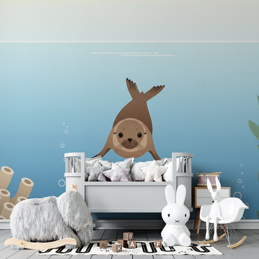 Sea otter marine wallpaper creating peaceful underwater theme in children's bedroom