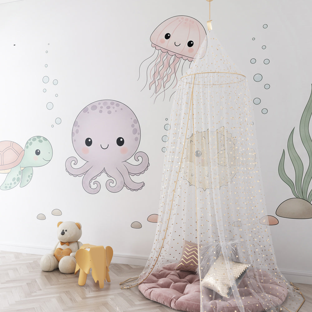 Underwater adventure mural wallpaper featuring octopus and turtle in children's bedroom decor