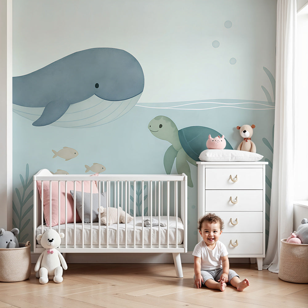 Ocean animals mural wallpaper with whale and turtle in peaceful nursery by Kids-Mundo