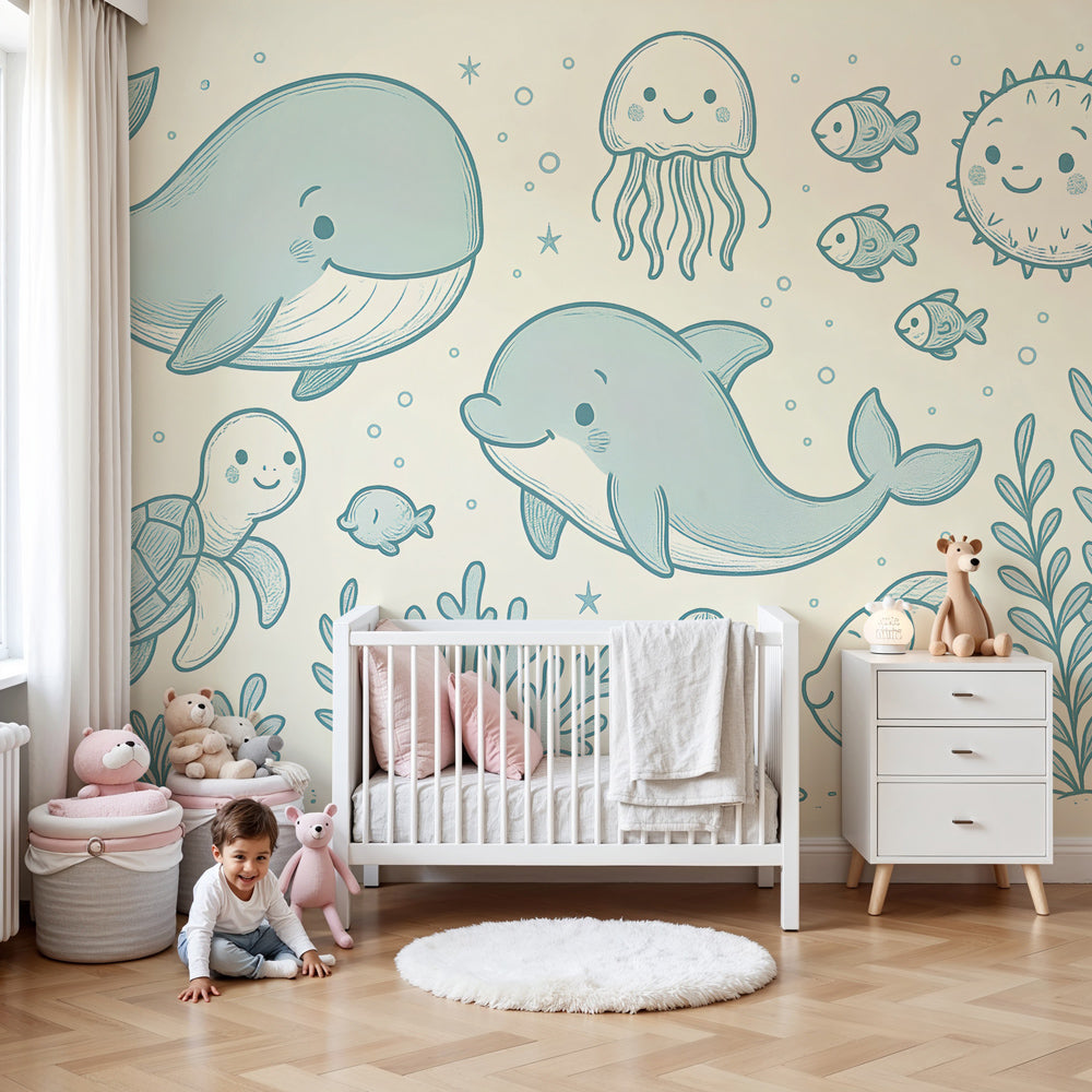 Ocean animals mural wallpaper with whales and dolphins in modern nursery by Kids-Mundo