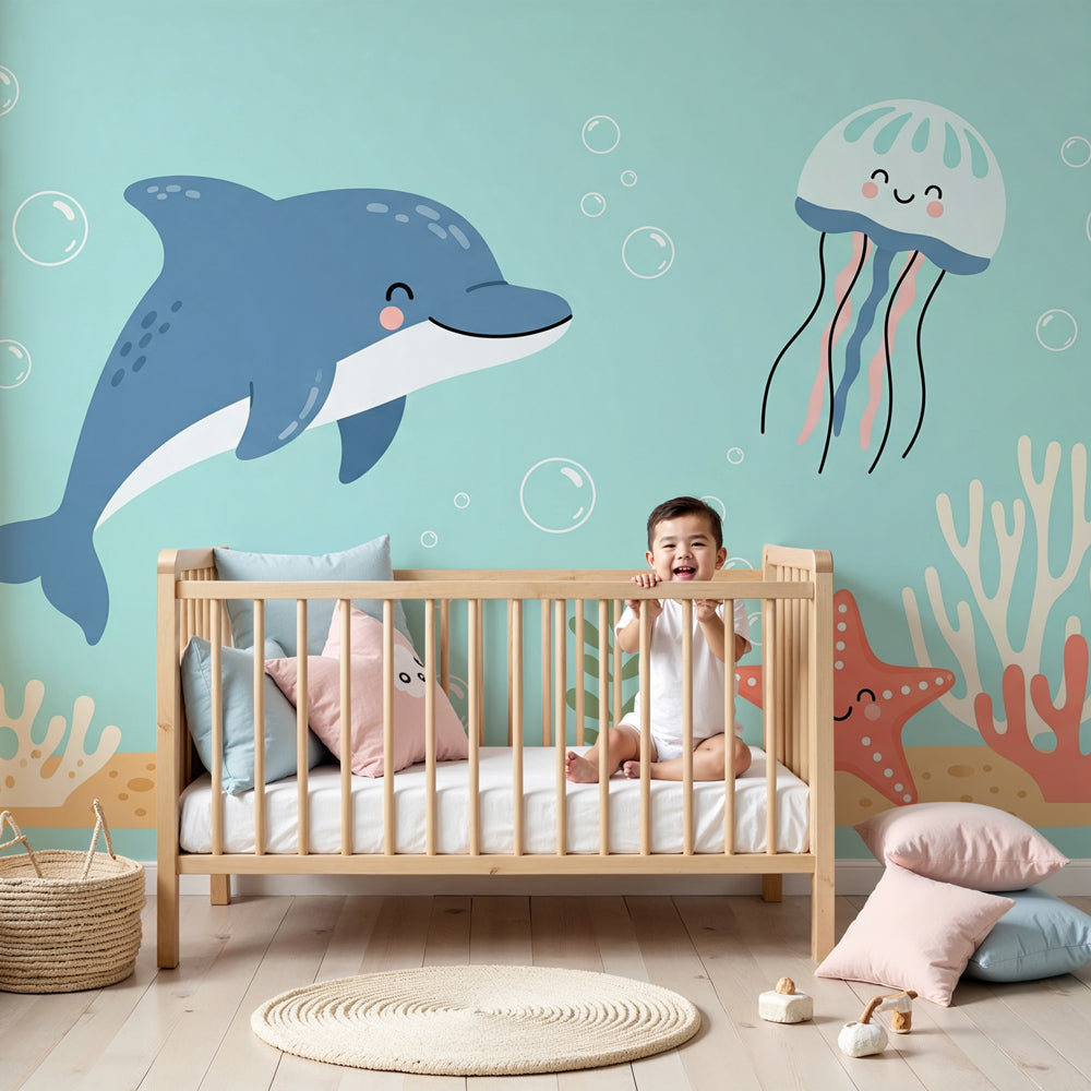 Ocean animals mural wallpaper with dolphins and sea creatures in modern kids bedroom by Kids-Mundo
