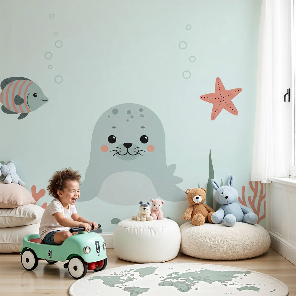 Ocean animals mural wallpaper with cute seal in modern nursery room by Kids-Mundo