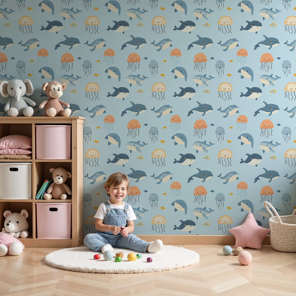 Ocean animals mural wallpaper with dolphins and jellyfish in modern nursery by Kids-Mundo