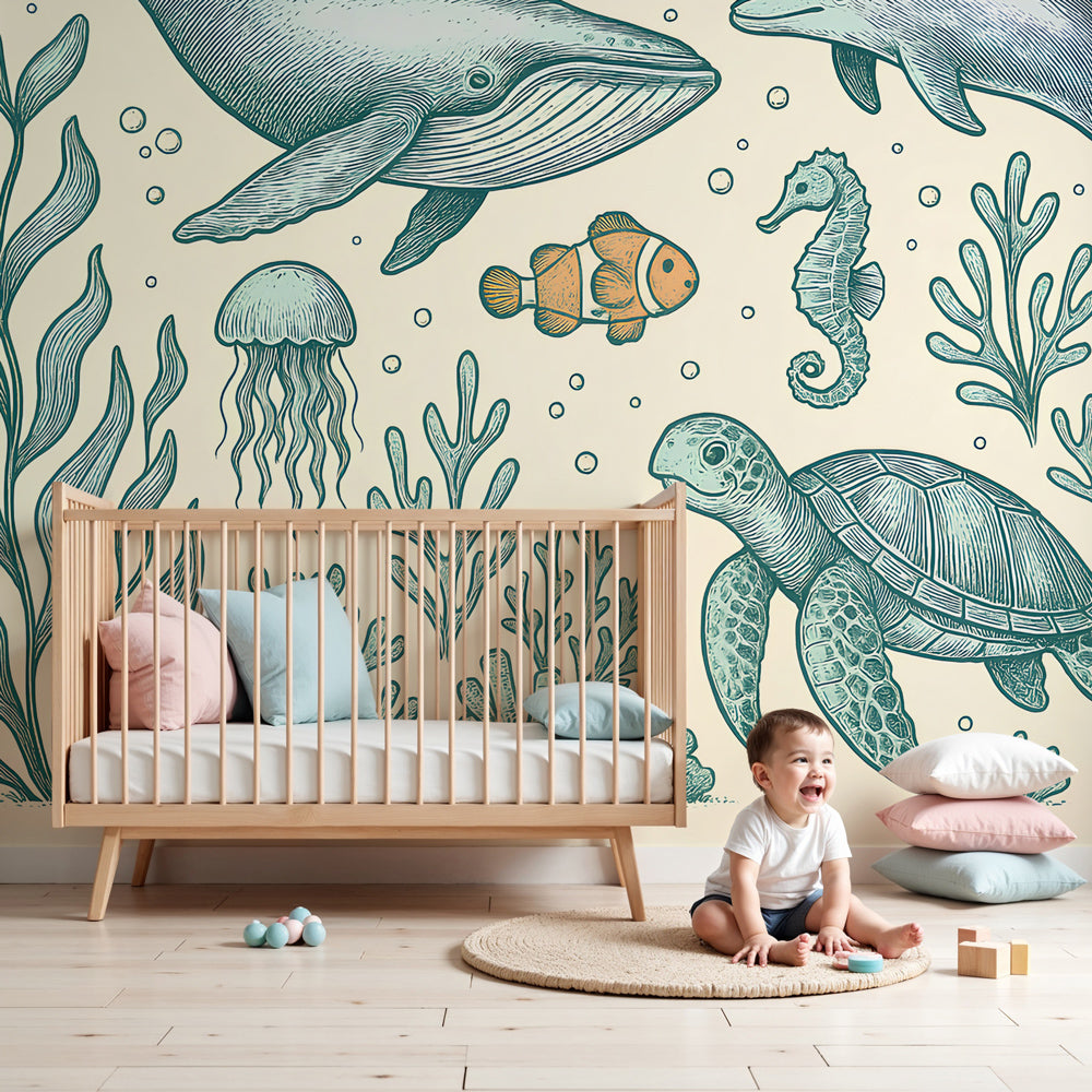 Ocean animals mural wallpaper featuring whales and dolphins in modern kids nursery by Kids-Mundo