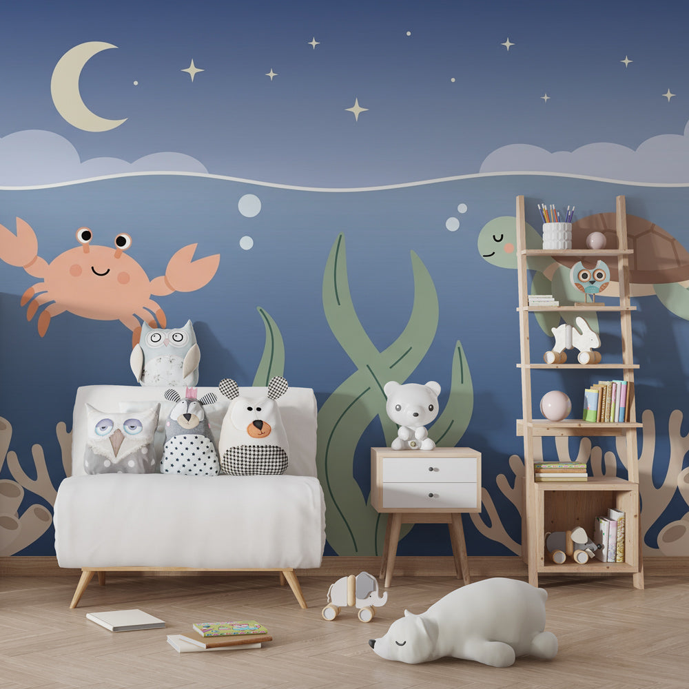 Submarine adventure wallpaper creating peaceful underwater atmosphere in kids bedroom