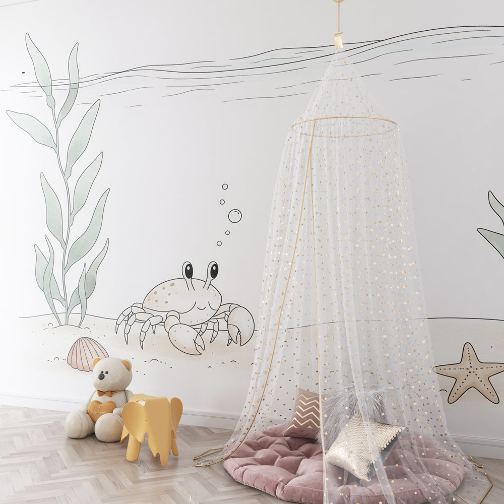 Underwater crab wallpaper transforming baby bedroom into serene marine sanctuary