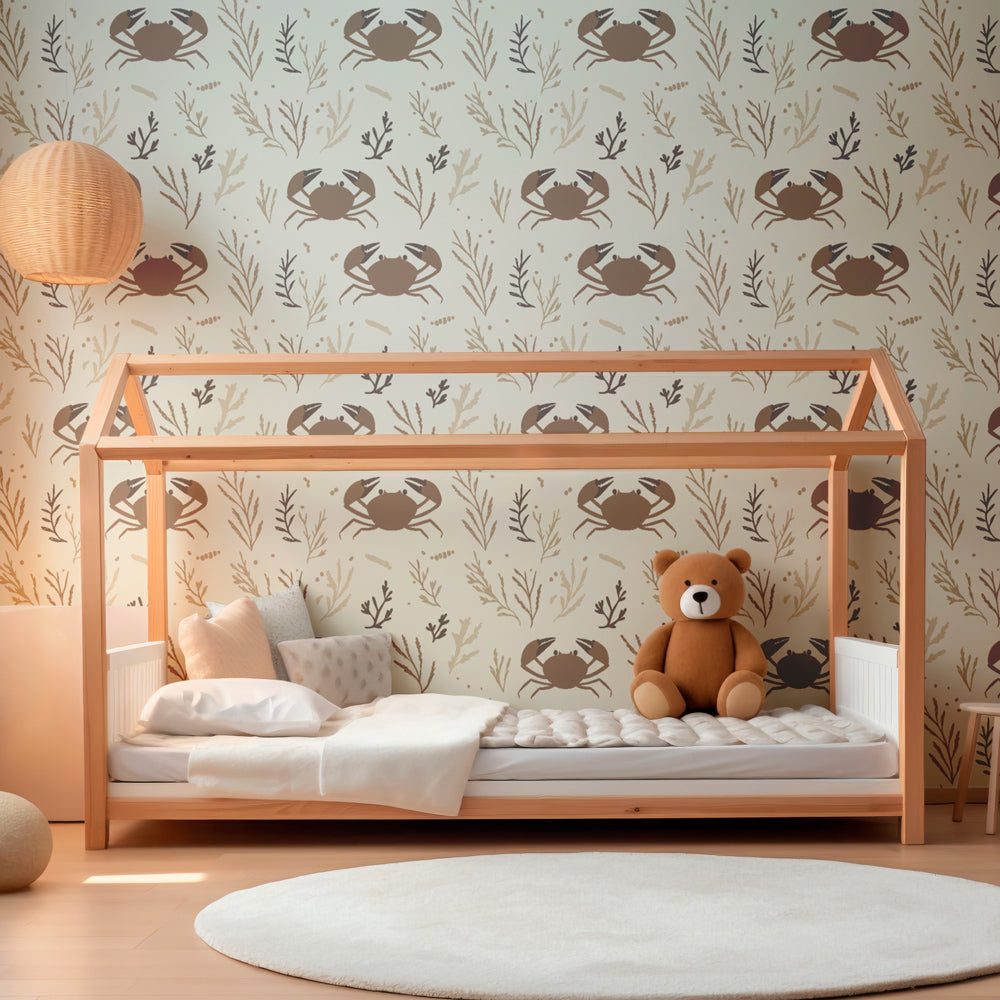Marine life wallpaper with crab motifs decorating modern children's bedroom space
