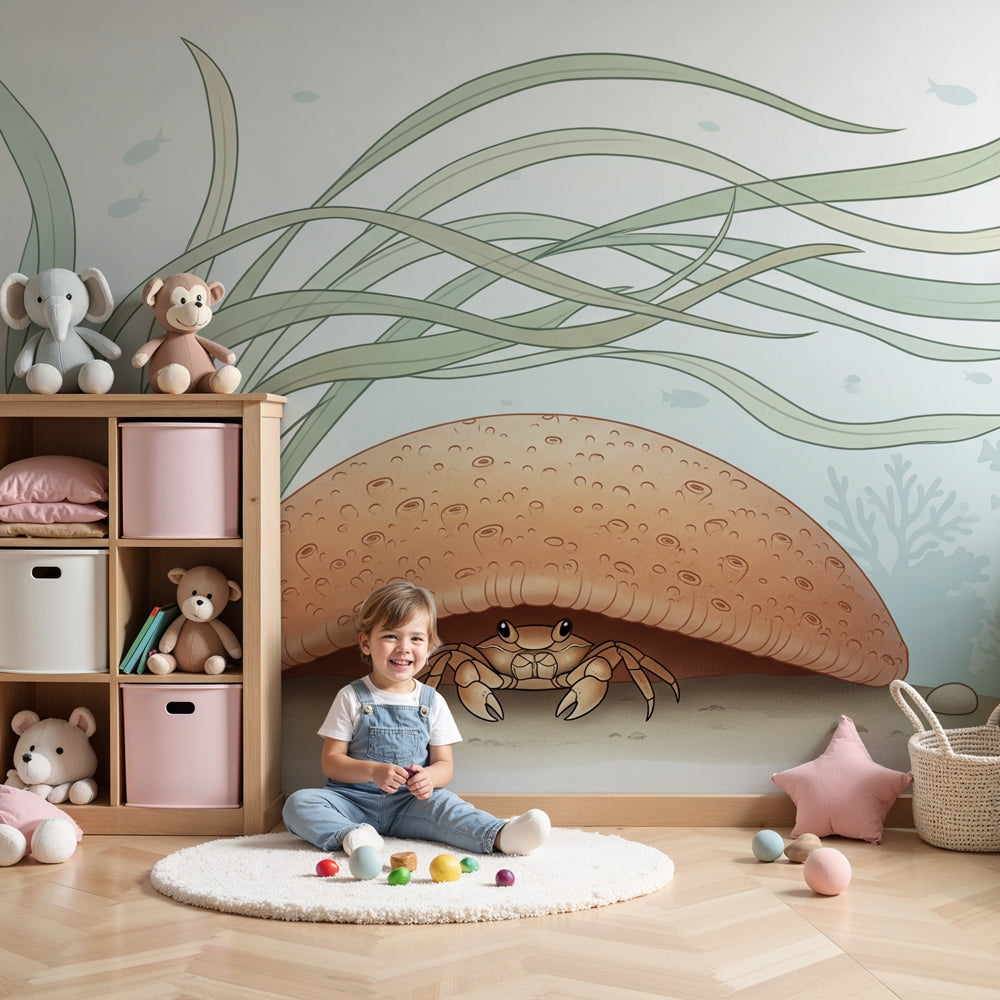Ocean crab mural wallpaper in modern nursery with underwater theme by Kids-Mundo