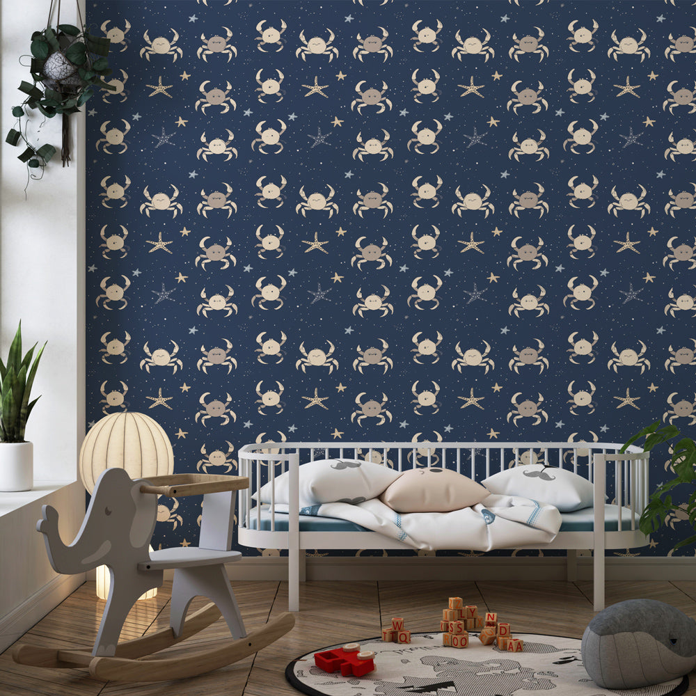 Marine themed children's bedroom featuring ocean crabs wallpaper with blue tones