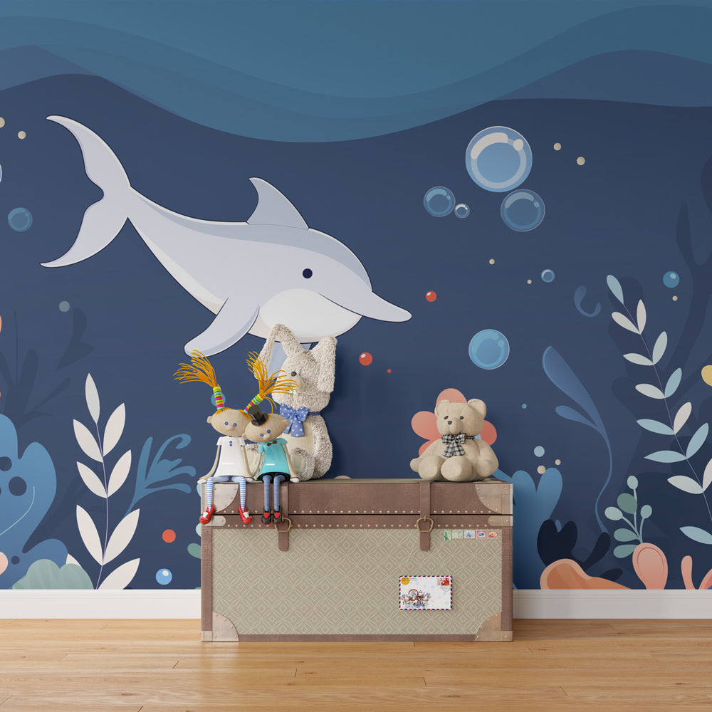 Colorful underwater dolphin wallpaper transforming kids bedroom into marine paradise