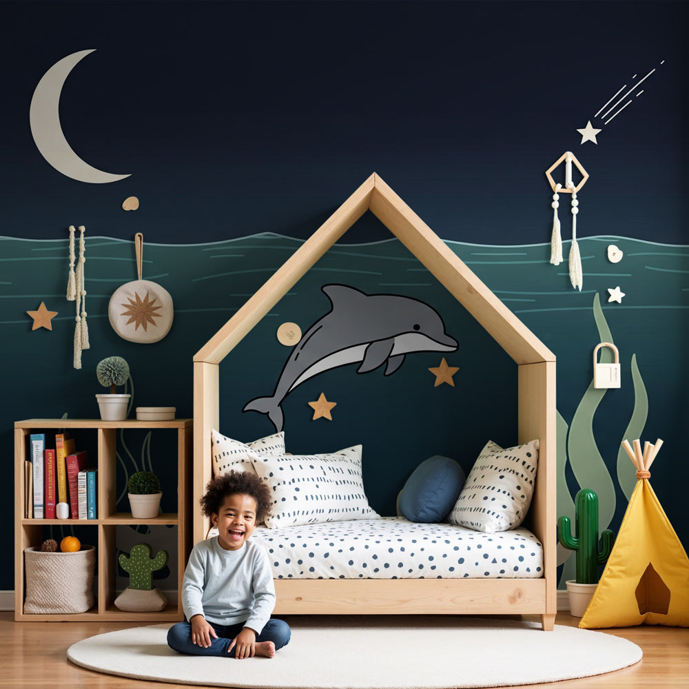 Ocean dolphin mural wallpaper in peaceful baby nursery with marine theme decor by Kids-Mundo