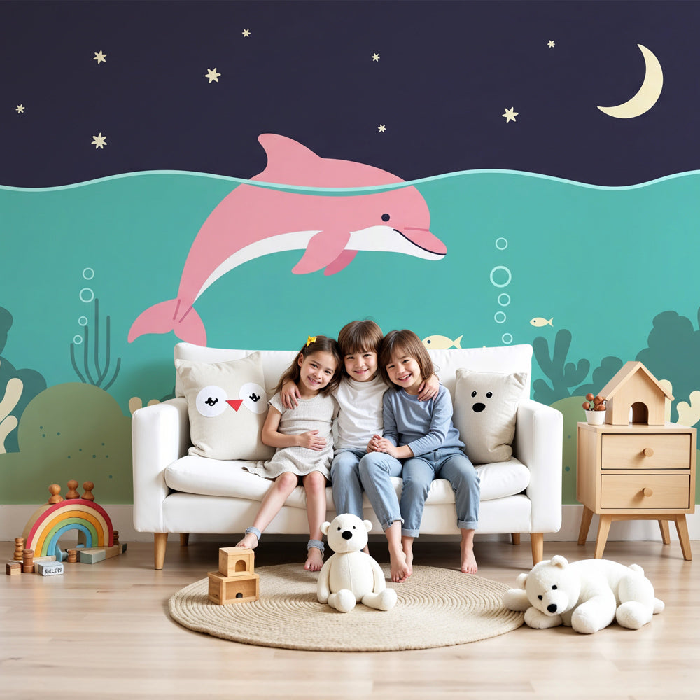Ocean dolphin mural wallpaper in modern nursery with starry underwater scene by Kids-Mundo