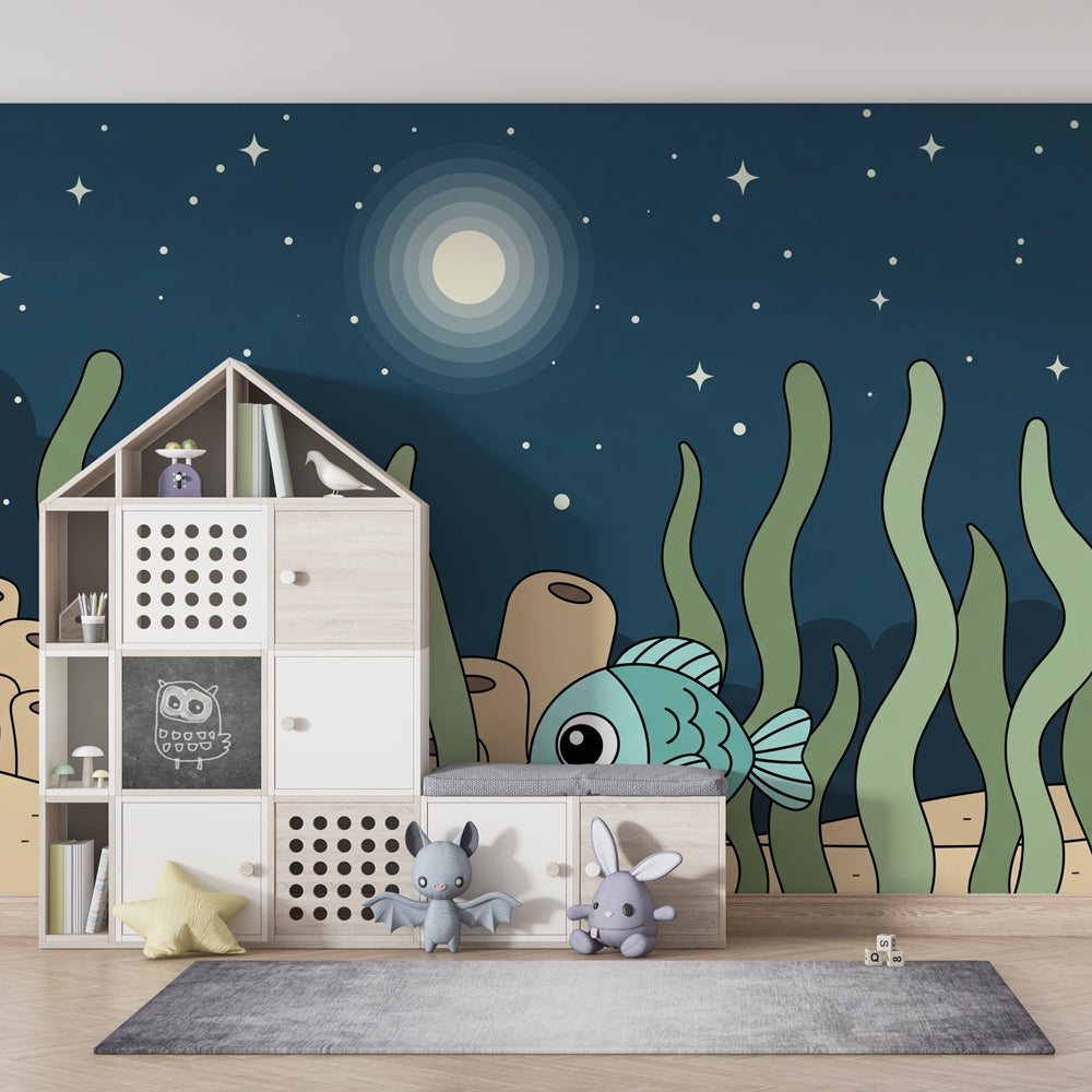 Underwater themed mural wallpaper with cheerful fish in modern kids bedroom setting