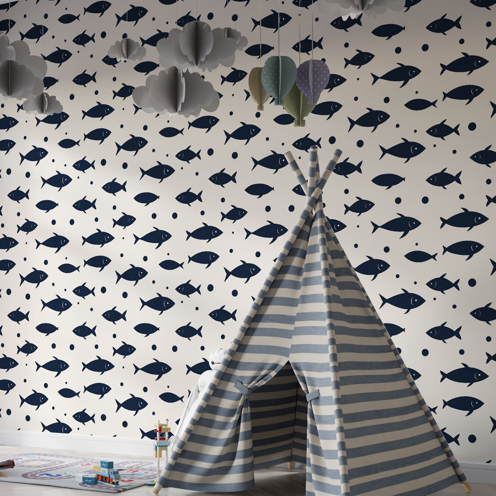 Stylized fish wallpaper in kids bedroom with calming blue marine theme by Kids-Mundo