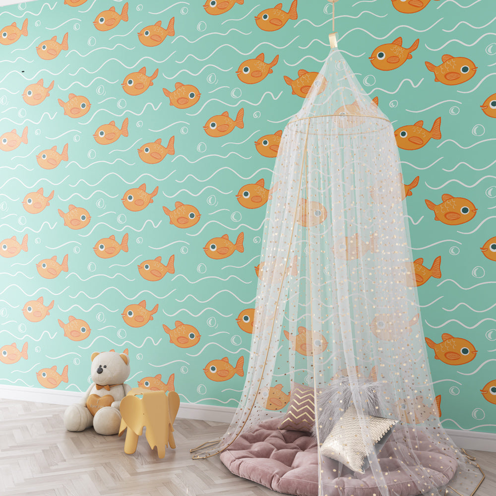 Colorful fish swimming wallpaper transforming children's bedroom into ocean adventure