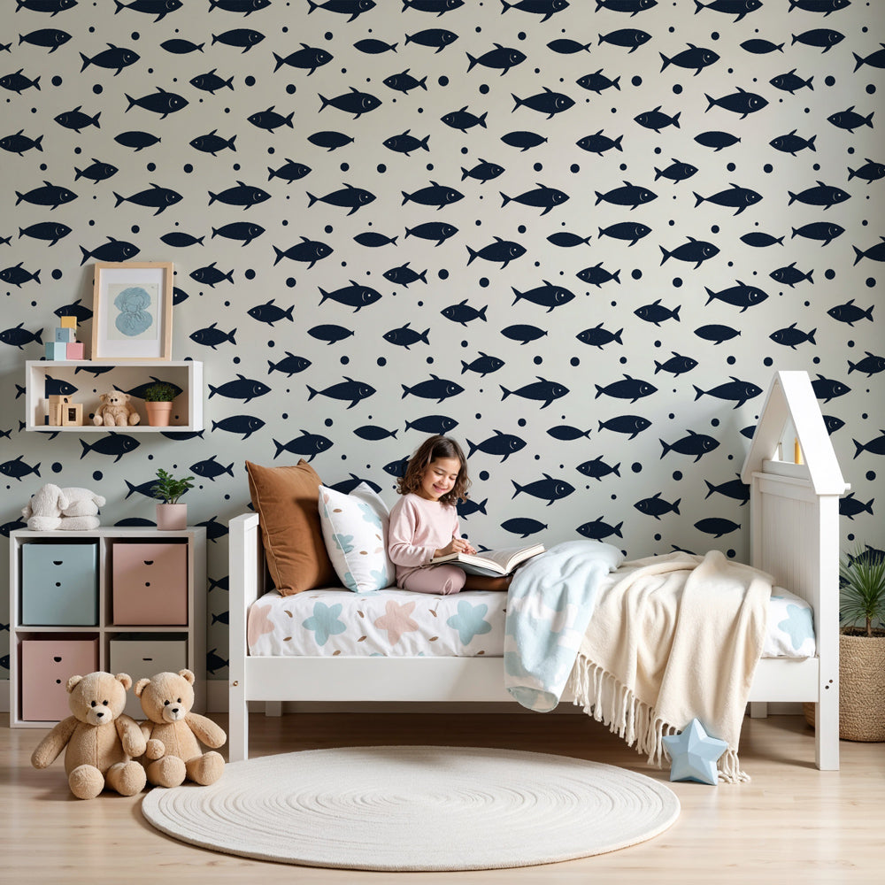 Ocean fish mural wallpaper creating serene underwater nursery with stylized marine designs by Kids-Mundo
