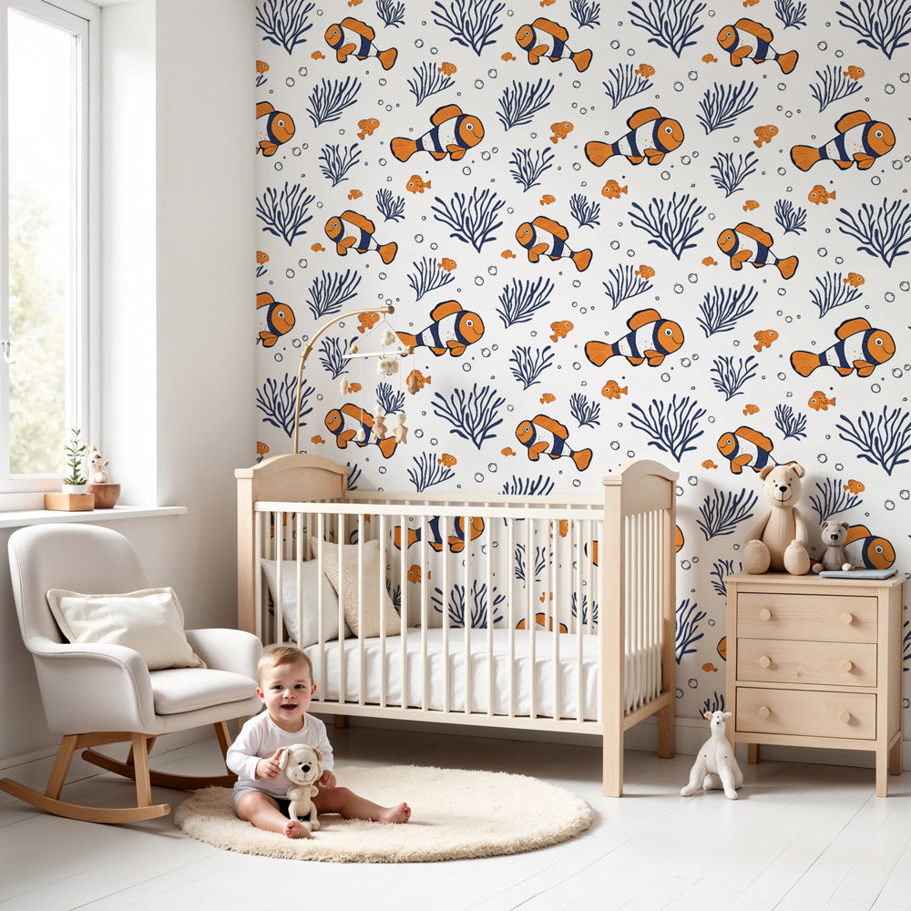 Ocean fish mural wallpaper with clownfish and coral in modern kids nursery by Kids-Mundo