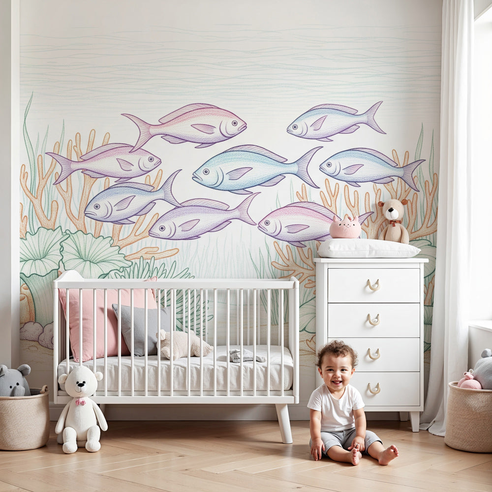 Ocean fish mural wallpaper creating underwater nursery decor with colorful coral scene by Kids-Mundo