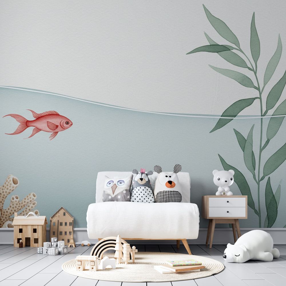 Underwater coral garden wallpaper creating serene atmosphere in children's bedroom