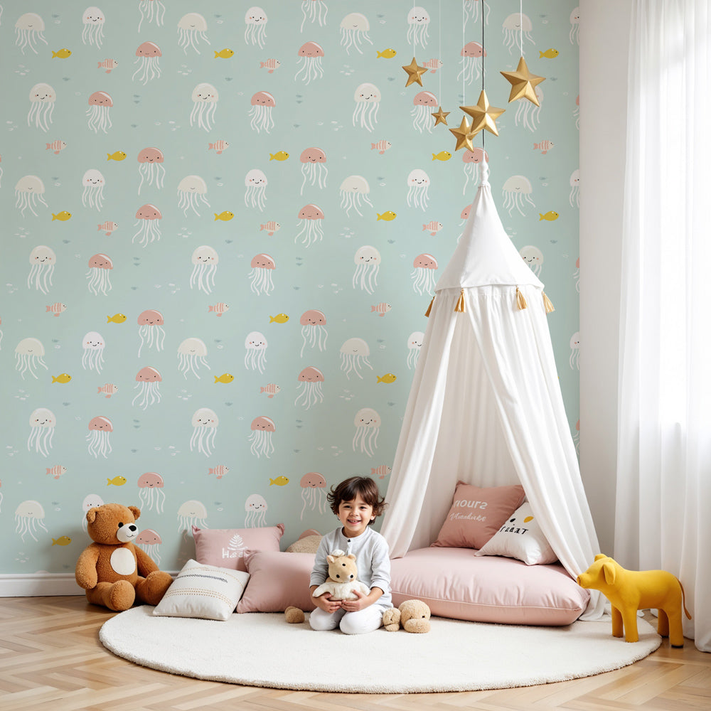 Ocean jellyfish mural wallpaper in peaceful blue nursery with sea life theme by Kids-Mundo