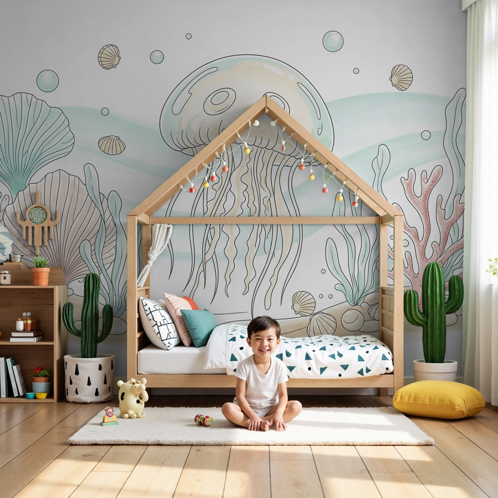 Ocean jellyfish mural wallpaper creating serene underwater nursery decor by Kids-Mundo