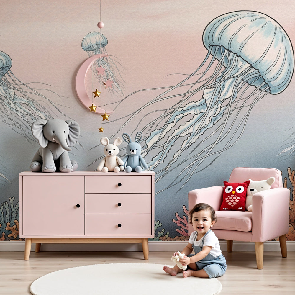 Ocean jellyfish mural wallpaper in modern nursery with coral reef design by Kids-Mundo