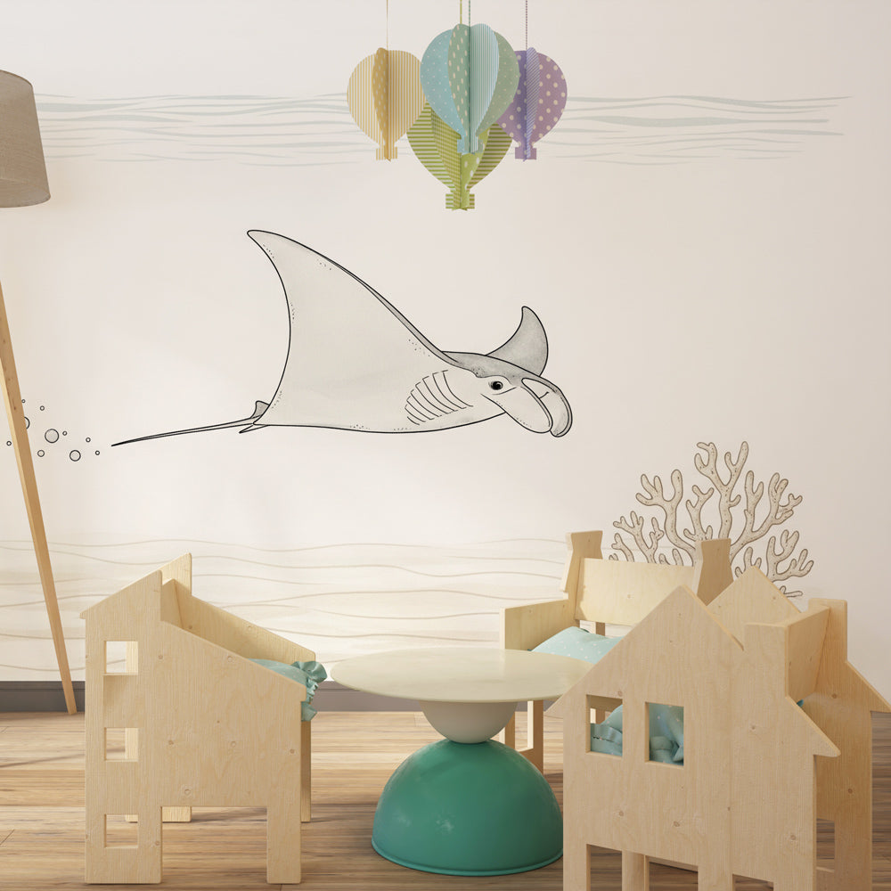 Underwater manta ray wallpaper transforming modern kids bedroom into marine sanctuary