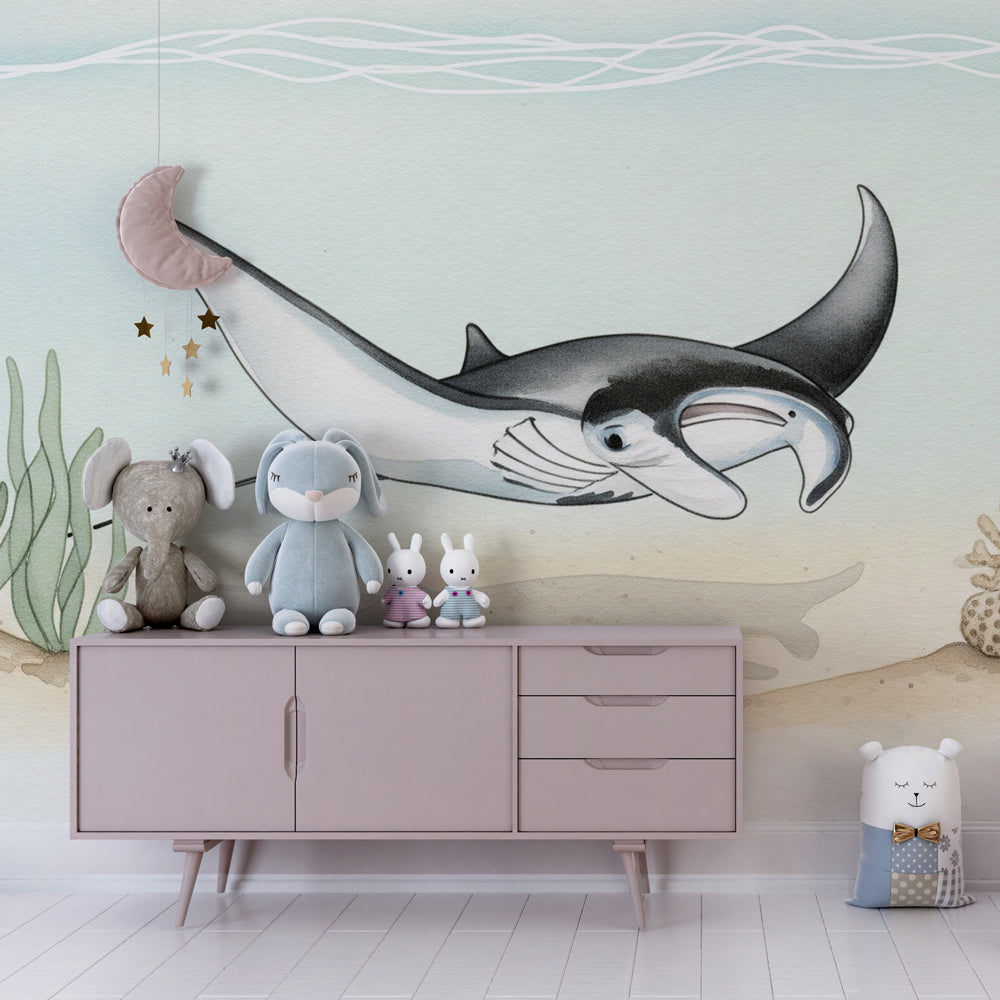 Marine life mural wallpaper creating underwater themed kids bedroom with coastal decor