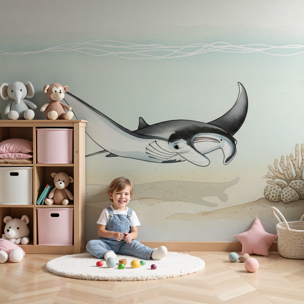 Ocean manta ray mural wallpaper in modern nursery with natural wood crib by Kids-Mundo
