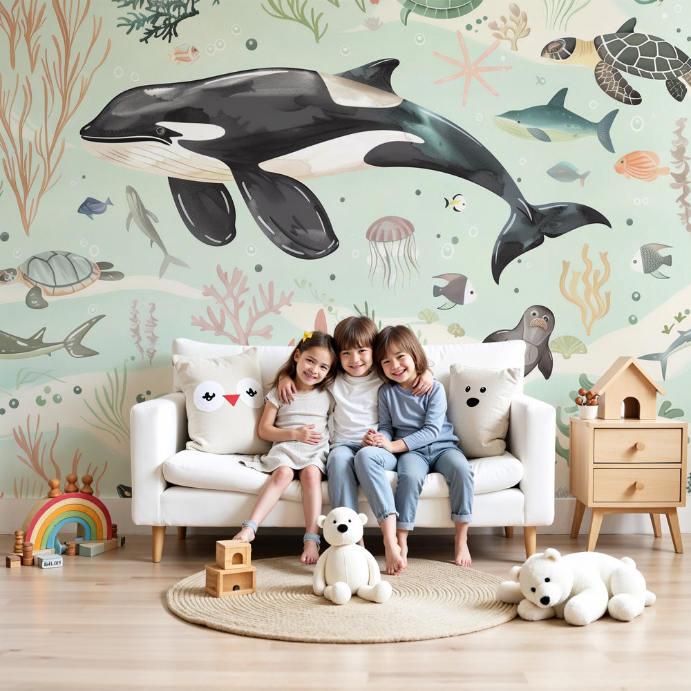 Ocean mural wallpaper with whales and turtles decorating modern children's bedroom by Kids-Mundo