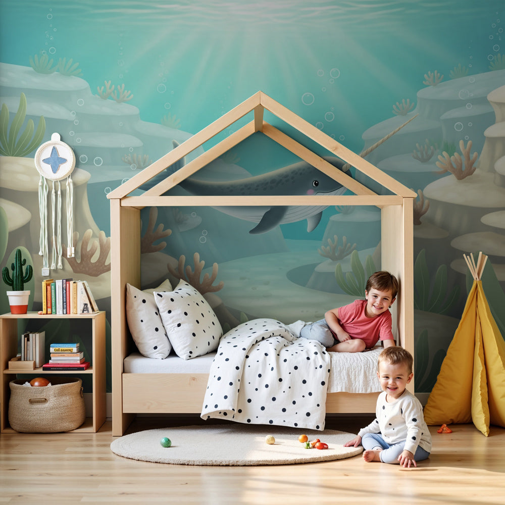 Ocean narwal mural wallpaper in modern baby nursery with coral underwater theme by Kids-Mundo