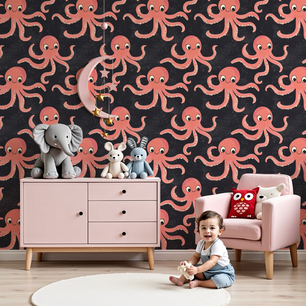 Ocean octopus mural wallpaper in modern nursery with pink sea creatures on navy background by Kids-Mundo