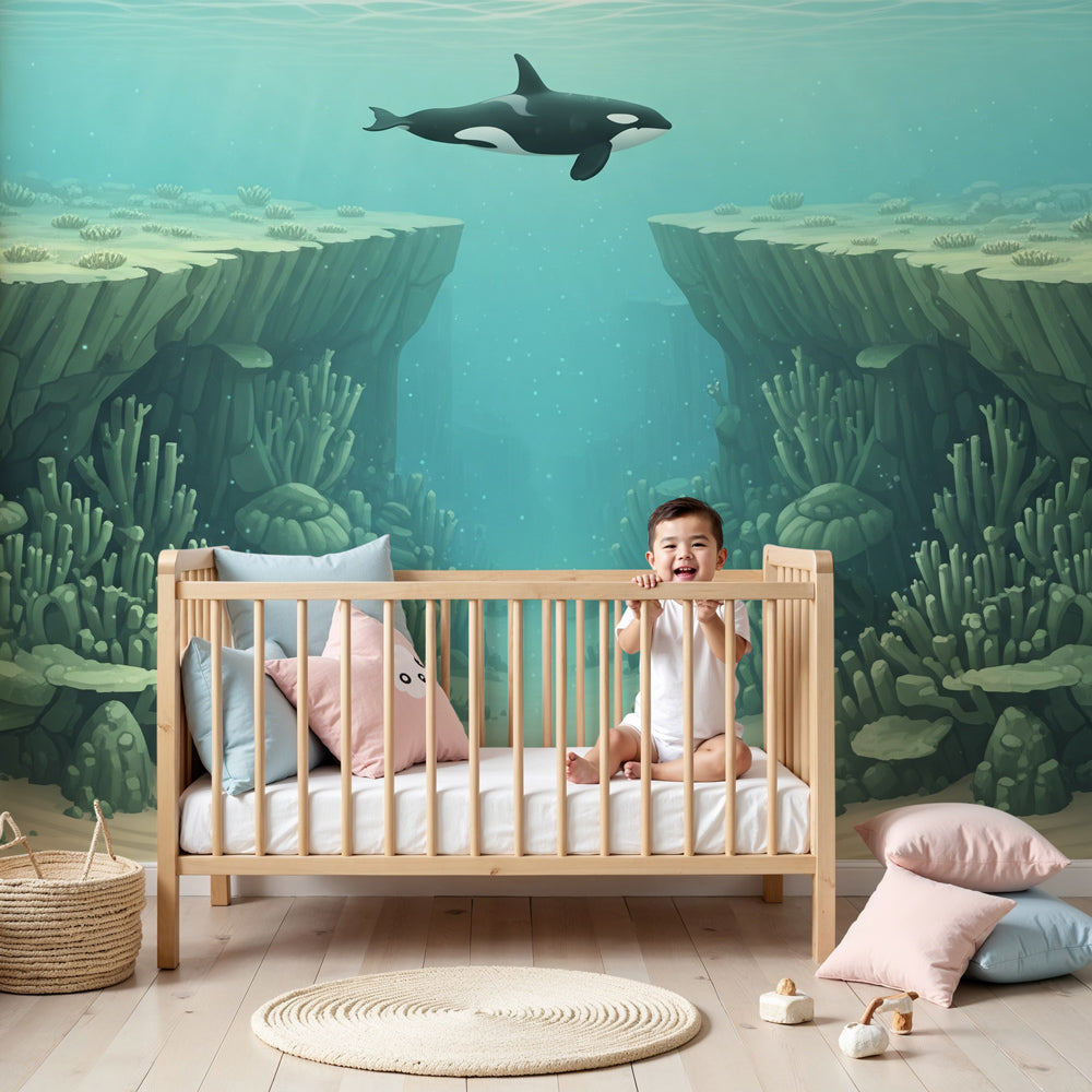 Ocean orca mural wallpaper creating underwater themed nursery with coral reef design by Kids-Mundo